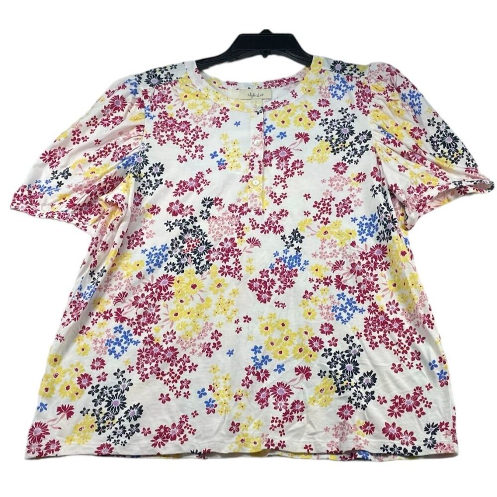 Style and Co Blouse Womens size Large Pink Floral Balloon Short Sleeve New